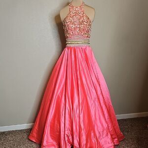 NWT Rachel Allan Neon Coral Beaded Halter A Line Backless Formal Gown 8